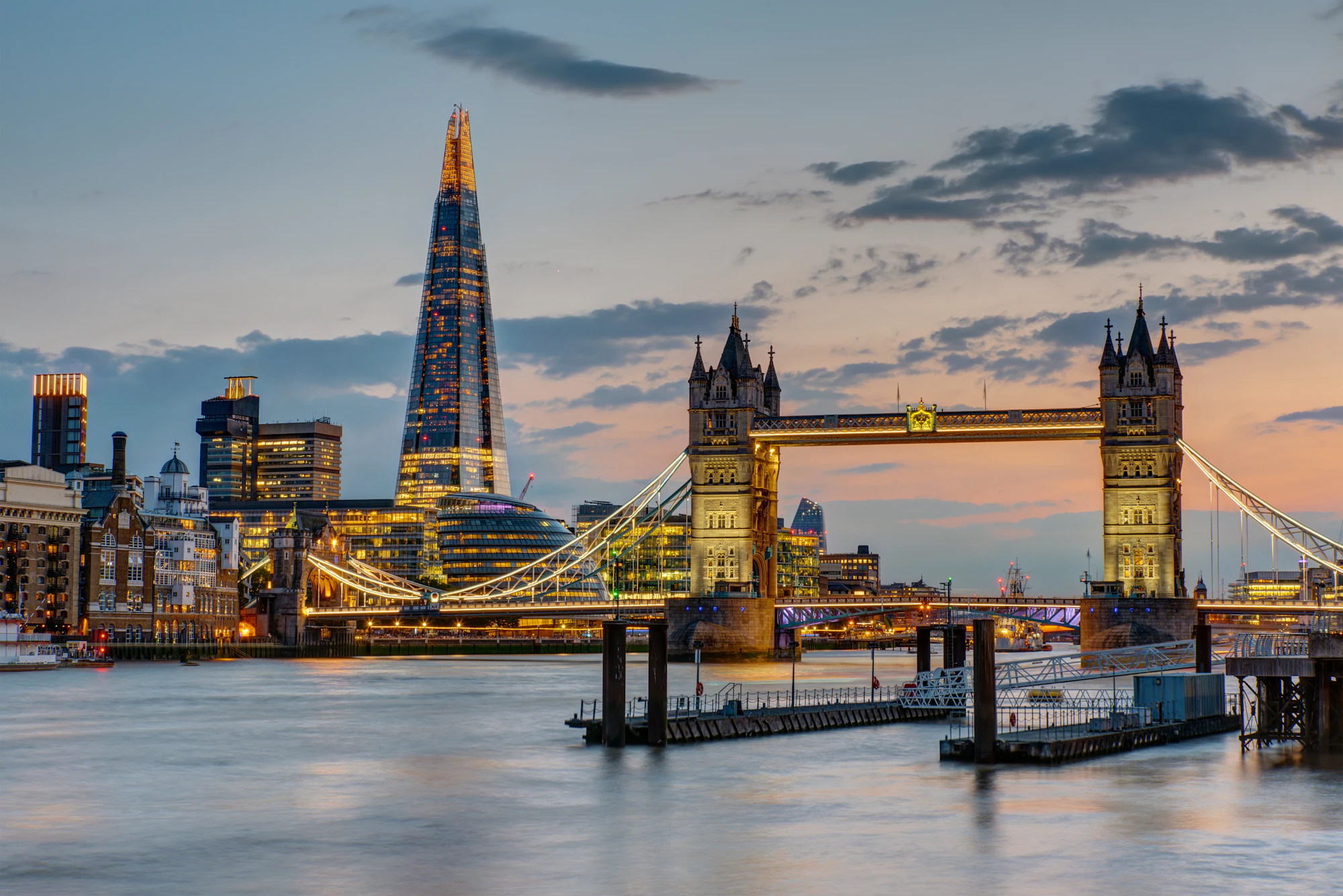 The shard and london bridge with sunset