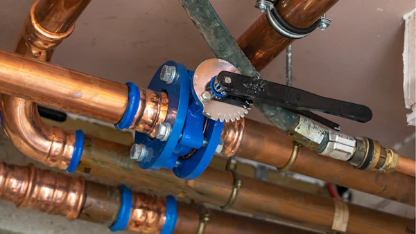 brymec copper press fittings and pipe installed with flanged butterfly valve