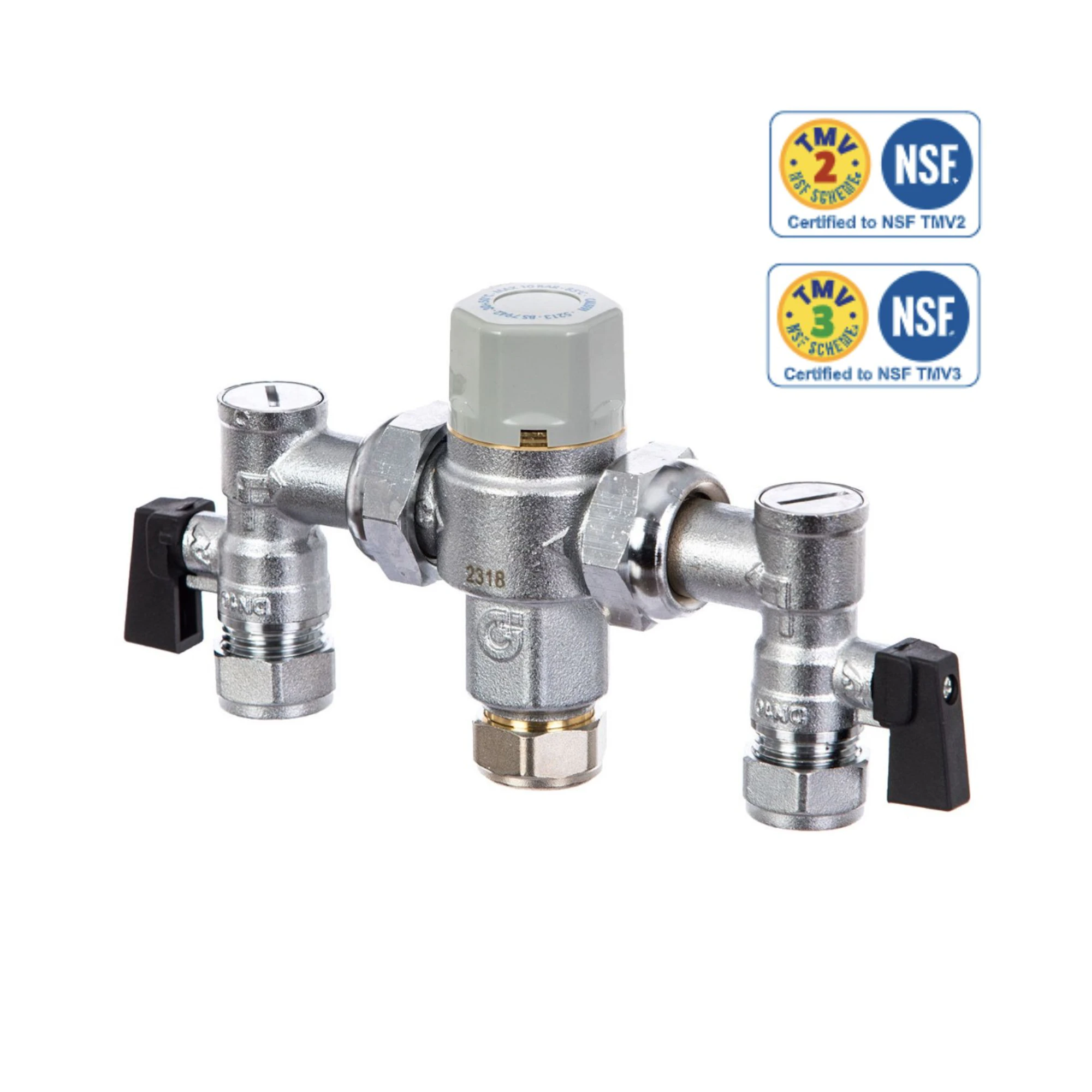 thermostatic mixing valve with servicing taps