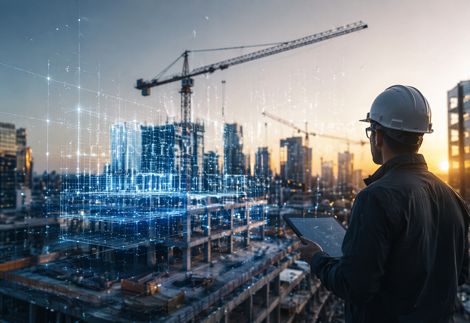 man working in construction in hard hat looking out at building site with digital graphic overlay on it