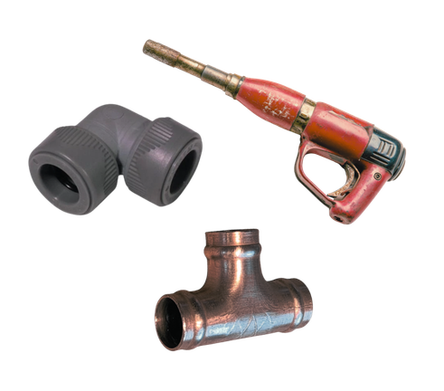 old copper solder ring fitting, blow torch and plastic push fit fitting